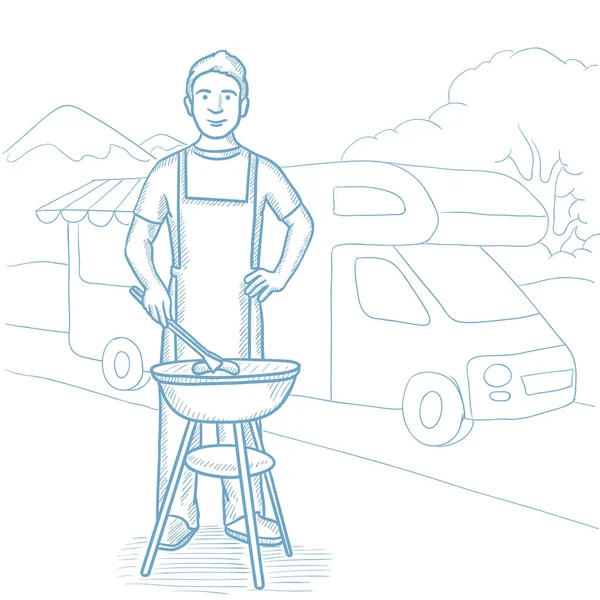 Homme ayant barbecue devant le camping-car . — Image vectorielle