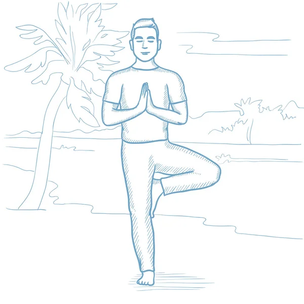 Homem praticando ioga na praia . —  Vetores de Stock