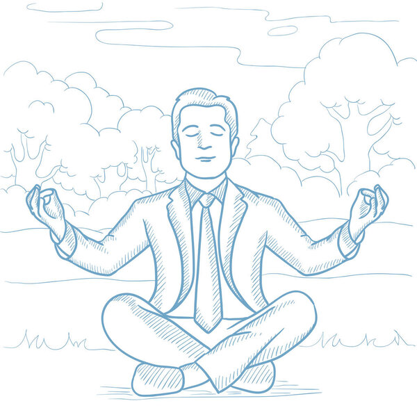 Businessman meditating in lotus pose on the beach.