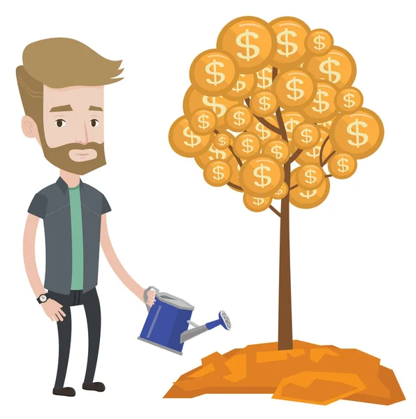 Uomo irrigazione albero dei soldi vettoriale illustrazione . — Vettoriale Stock