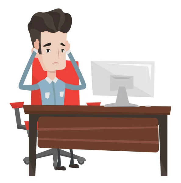 Stressvolle werknemer zittend op werkplek. — Stockvector