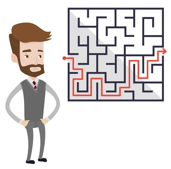 Businessman looking at the labyrinth with solution — Stock Vector
