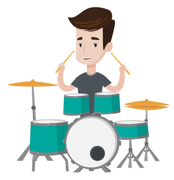 Man spelen op de drum kit vectorillustratie. — Stockvector