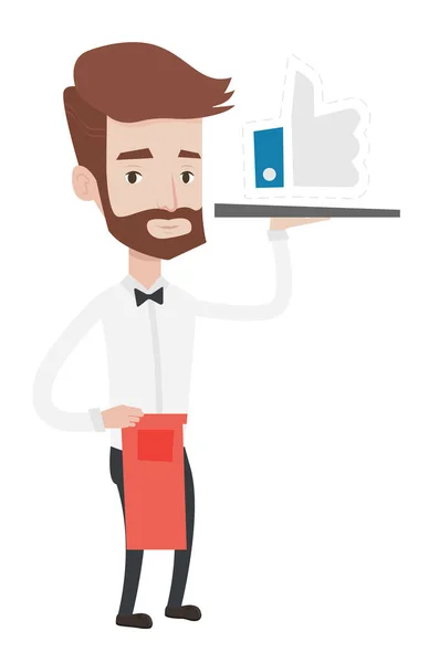 Waiter with like button vector illustration. — Stock Vector