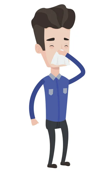 Young caucasian sick man sneezing. — Stock Vector