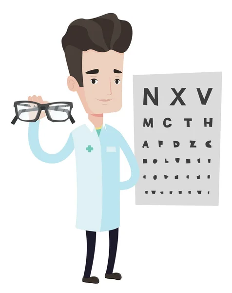 Oftalmologista profissional segurando óculos . —  Vetores de Stock