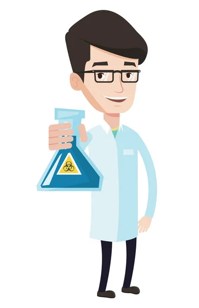 Científico sosteniendo matraz con signo de riesgo biológico . — Archivo Imágenes Vectoriales