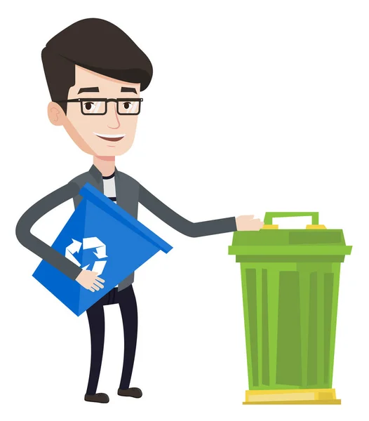 Hombre con papelera de reciclaje y bote de basura . — Vector de stock