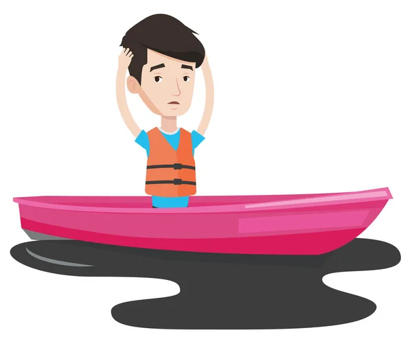 Man floating in a boat in polluted water. — Stock Vector