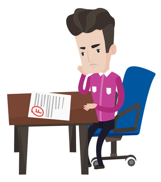 Sad student looking at test paper with bad mark. — Stock Vector