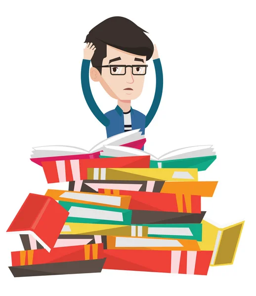 Student in enorme stapel boeken zit. — Stockvector