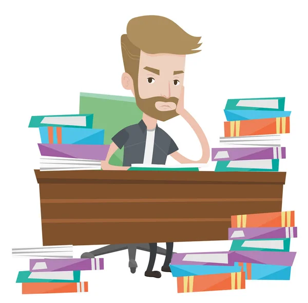 Estudiante sentado a la mesa con montones de libros . — Vector de stock