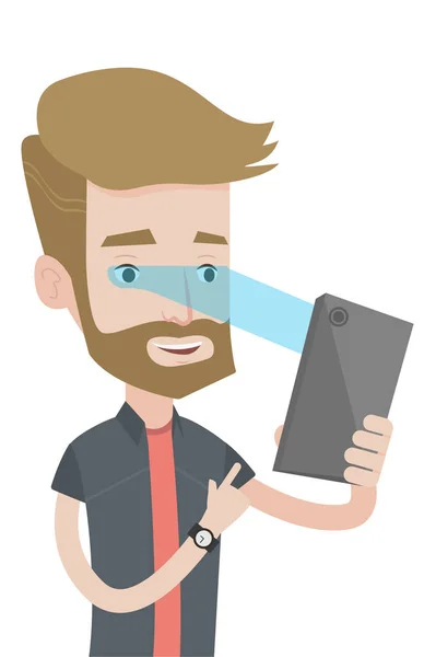 Hombre usando el escáner de iris para desbloquear su teléfono móvil . — Vector de stock