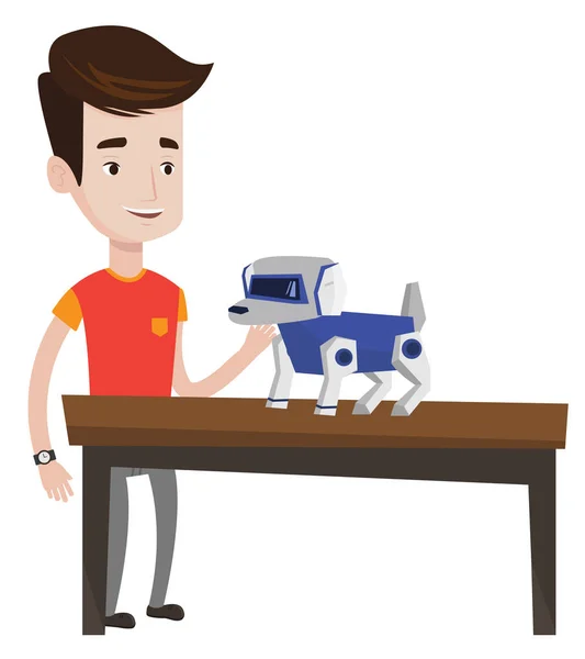 Щасливий молодий чоловік грає з роботизованою собакою . — стоковий вектор
