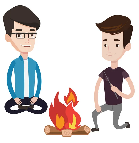 Two friends sitting around bonfire. — Stock Vector