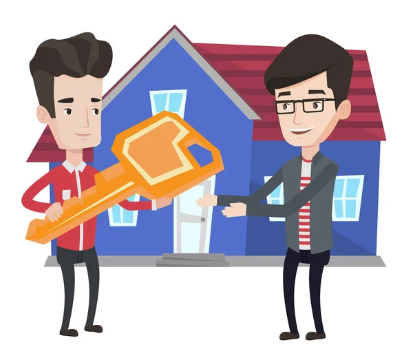 Immobilienmakler übergibt Schlüssel an neuen Hausbesitzer. — Stockvektor