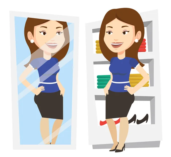 Woman trying on clothes in dressing room. — Stock Vector
