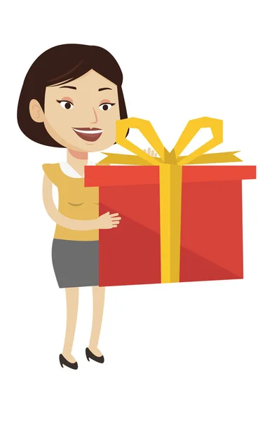 Joyful caucasian woman holding box with gift. — Stock Vector