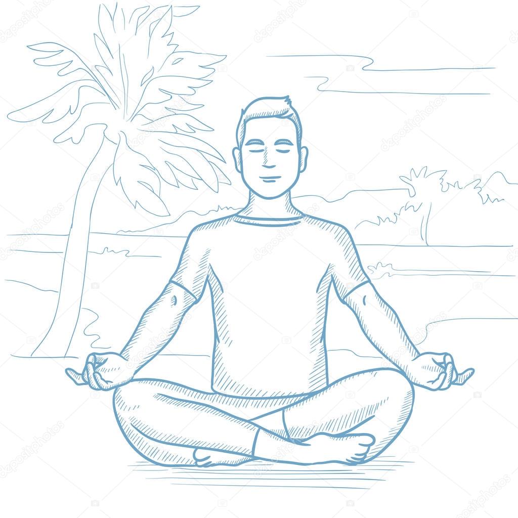 Man meditating in lotus pose vector illustration.