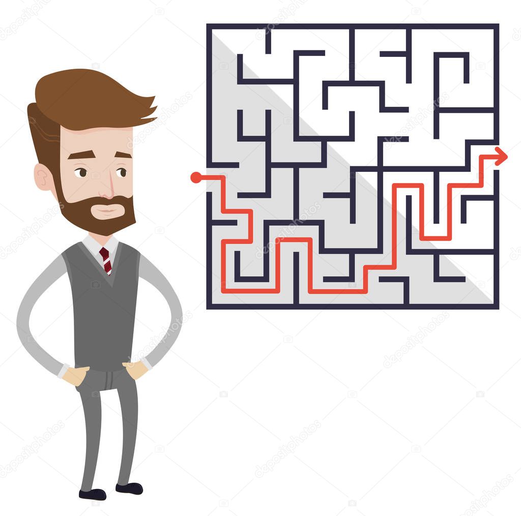 Businessman looking at the labyrinth with solution
