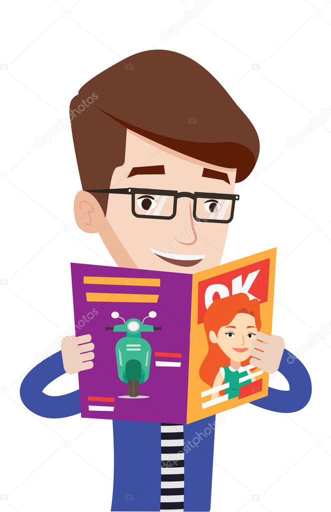 Man reading magazine vector illustration.