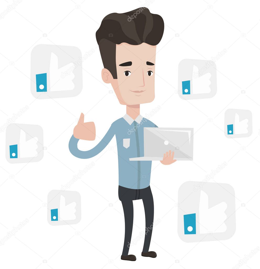 Man with thumb up and like social network buttons.