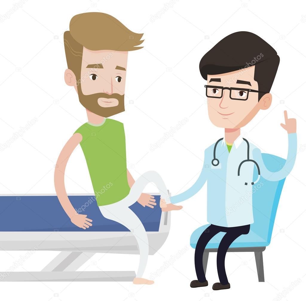 Gym doctor checking ankle of a patient.