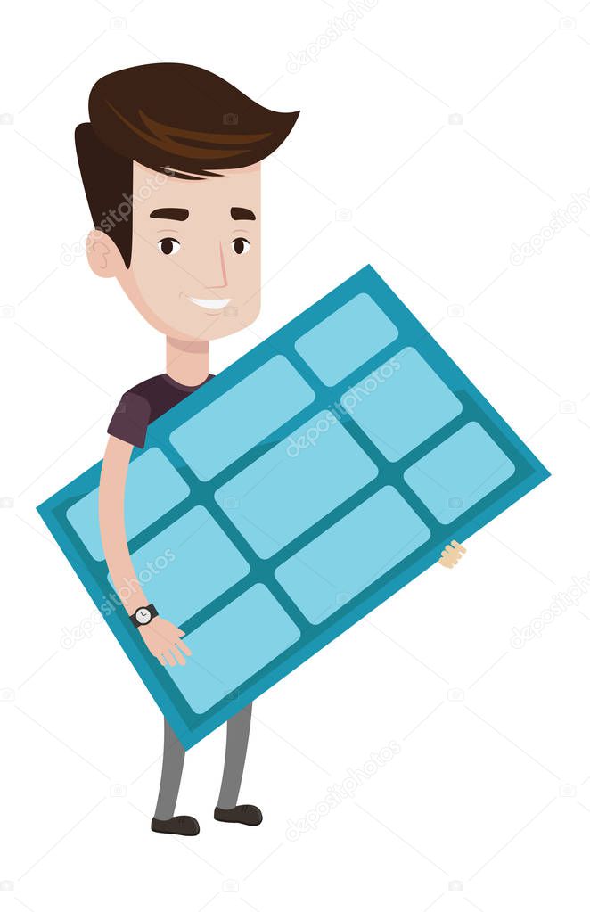 Man holding solar panel vector illustration.