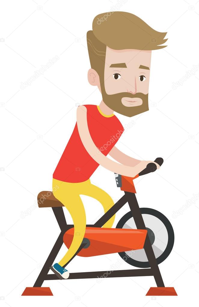 Man riding stationary bicycle vector illustration.