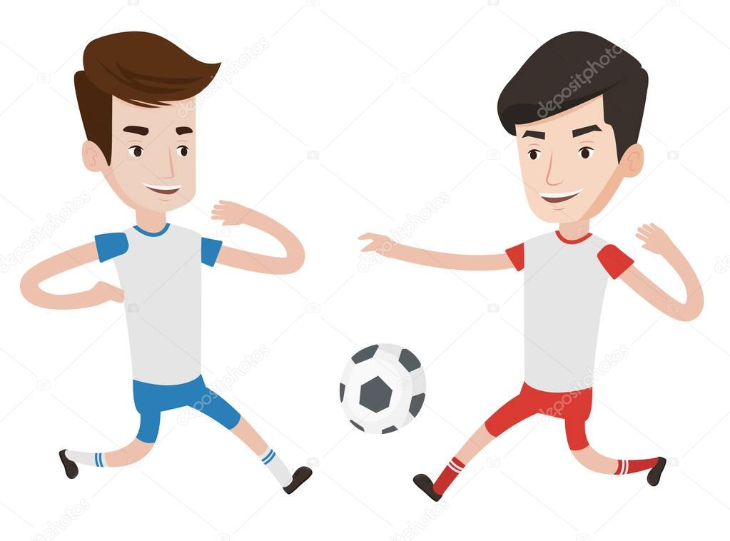 Two male soccer players fighting for ball.