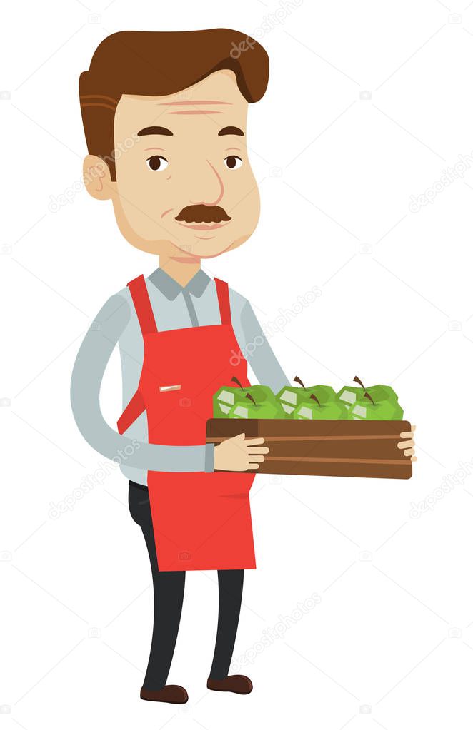 Supermarket worker with box full of apples.