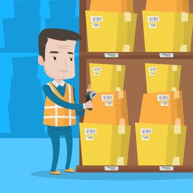 İşçi tarama barkod kutusu üzerinde ambar.