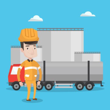 Yakıt kamyonu ve petrol tesisi arka plan üzerinde çalışan.