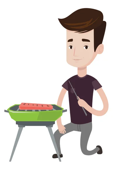 Man matlagning kött på grillen vektorillustration. — Stock vektor