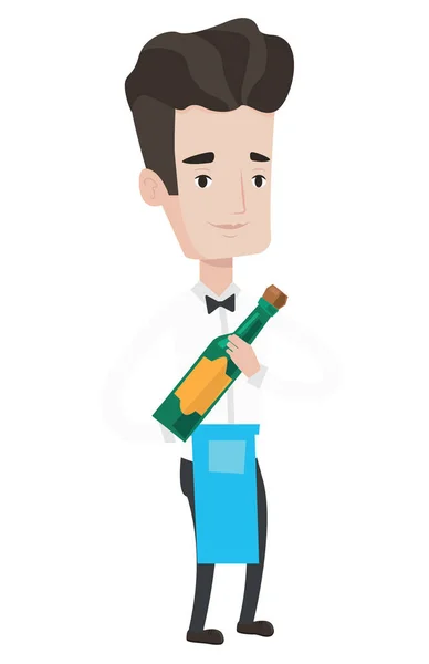 Camarero sosteniendo botella de alcohol . — Vector de stock