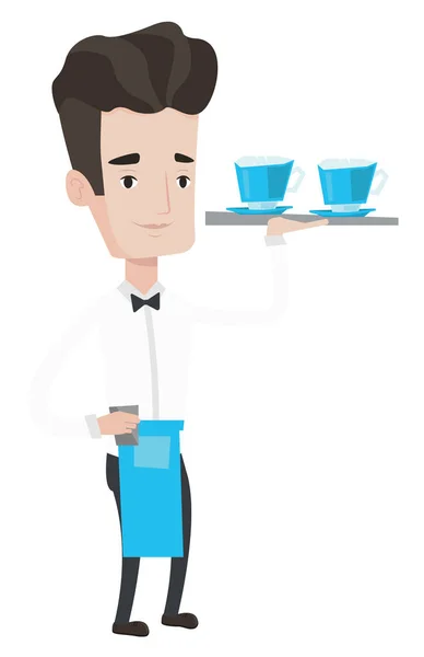 Σερβιτόρος κρατώντας δίσκος με ποτήρια μηχανή για ή τσάι. — Διανυσματικό Αρχείο