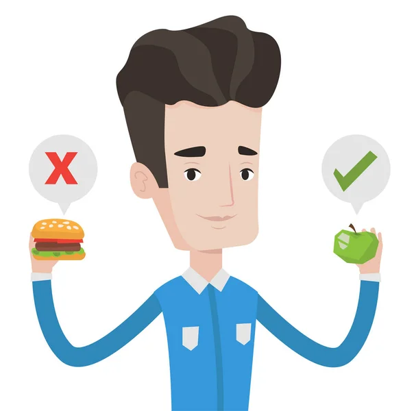 Muž volba mezi hamburger a košíček. — Stockový vektor