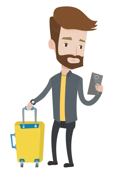 携帯電話を使用してのスーツケースと旅行者. — ストックベクタ