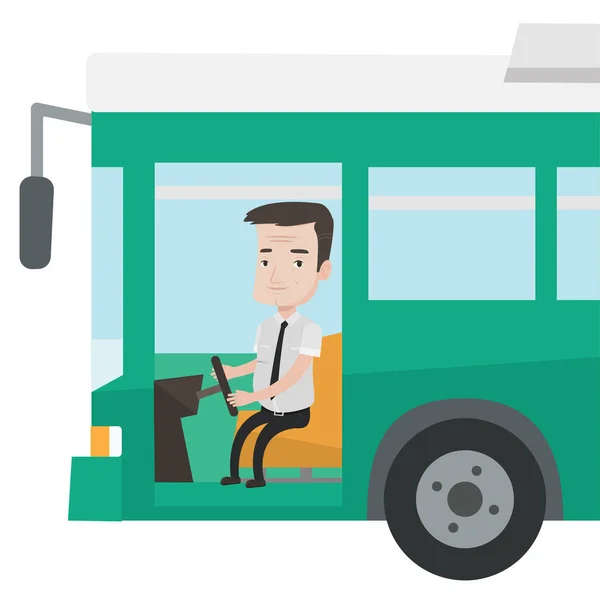 Conductor de autobús caucásico sentado al volante . — Vector de stock