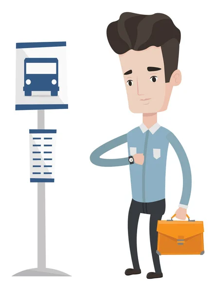 Man waiting for bus at the bus stop. — Stock Vector