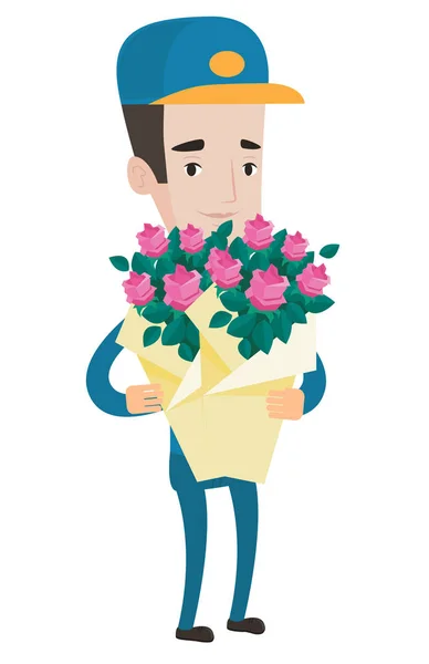 Delivery courier holding bouquet of flowers.
