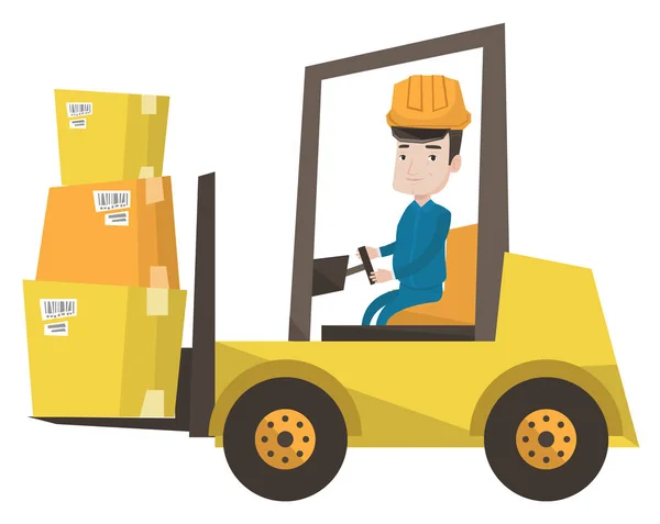 Warehouse worker moving load by forklift truck. — Stock Vector