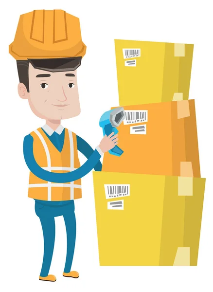 Warehouse worker scanning barcode on box. — Stock Vector