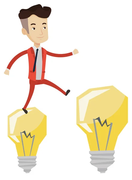 Businessman jumping on light bulbs. — Stock Vector