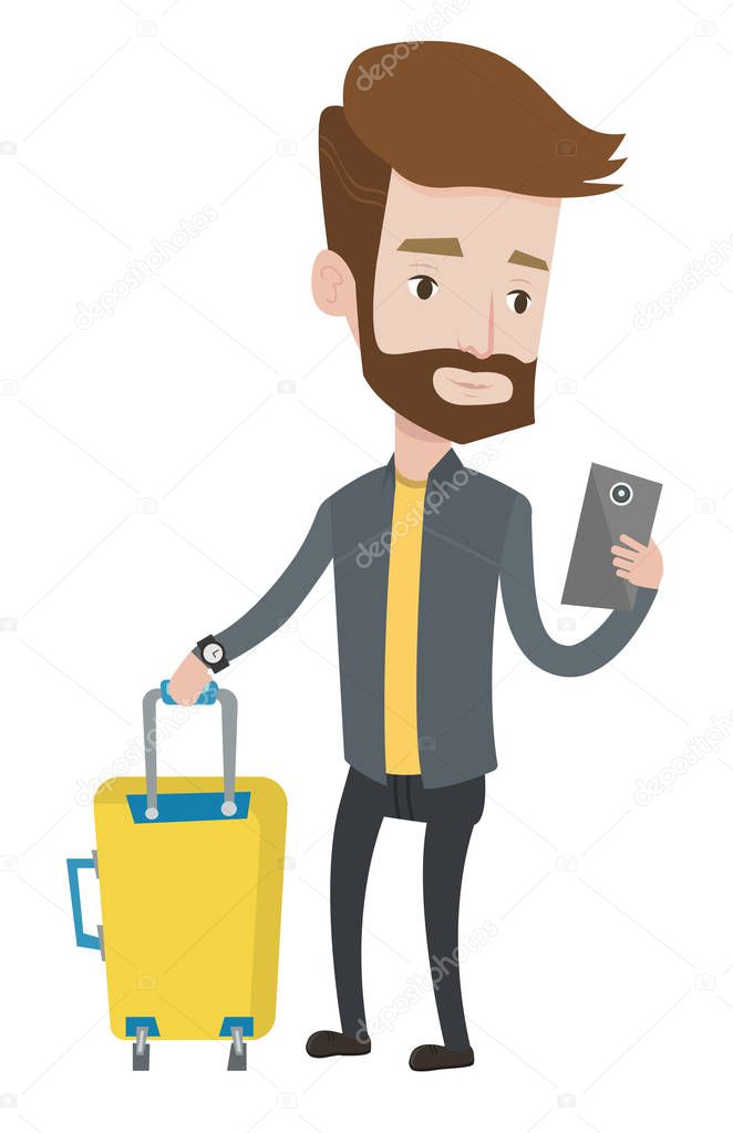 Traveller with suitcase using mobile phone.