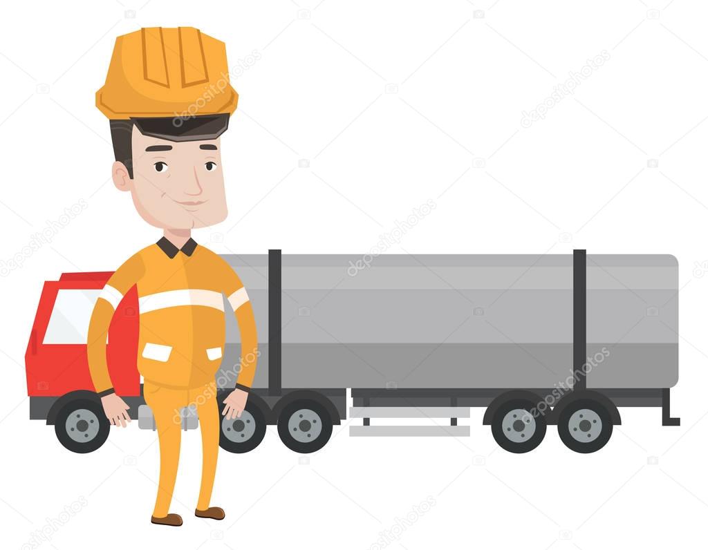 Worker on background of fuel truck.