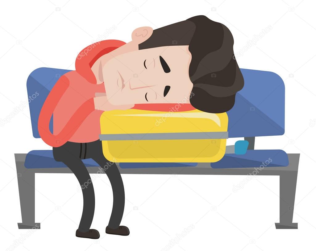 Exhausted man sleeping on suitcase at airport.