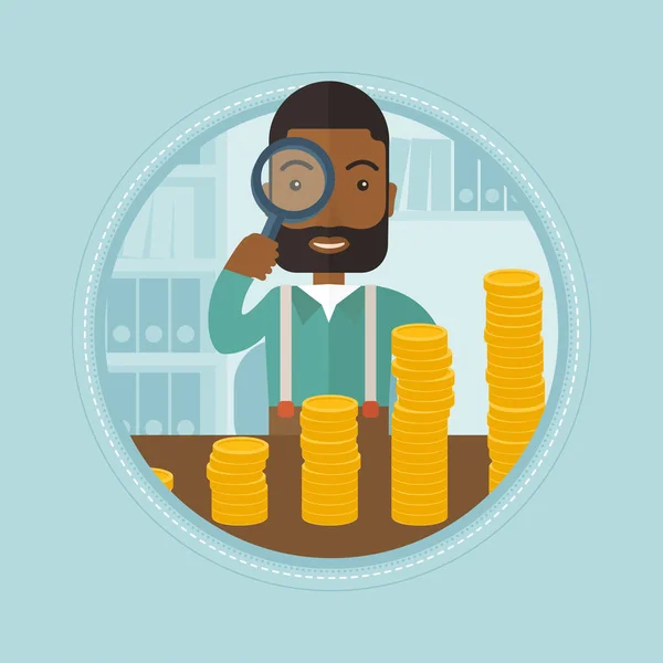 Man looking through magnifier at golden coins. — Stock Vector