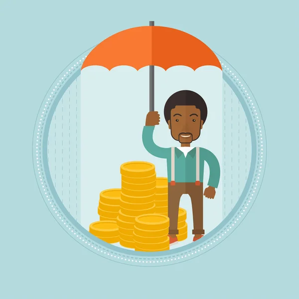 Businessman with umbrella protecting money. — Stock Vector
