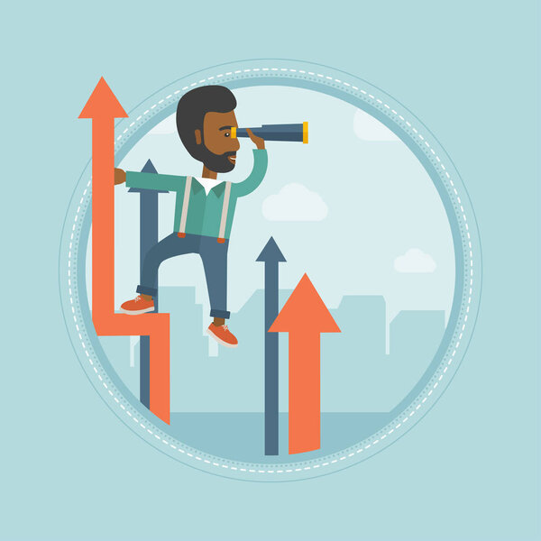Businesssman with spyglass on rising arrow.